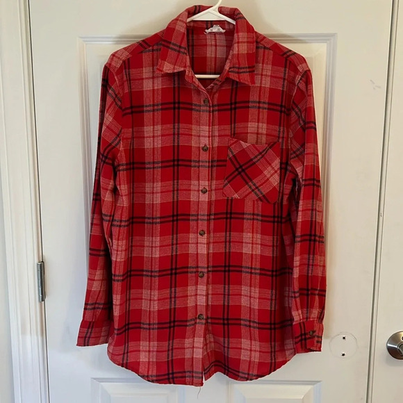 Lipstick Plaid Front Pocket Button Up Flannel Size S Oversized - Picture 1 of 10
